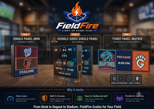 FieldFire product family concept showing Mini, double-sided, and three-panel display configurations.
