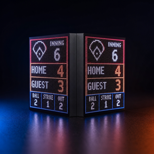 FieldFire Mini double-sided scoreboard concept showing two synchronized LED viewing faces; final enclosure details may vary.