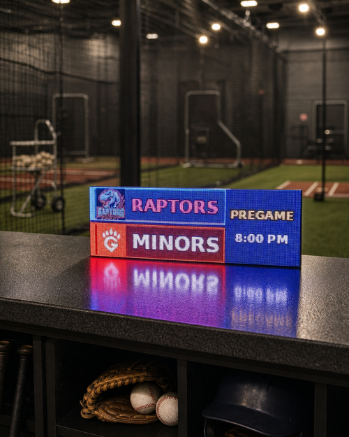 FieldFire Standard three-panel LED matrix scoreboard at an indoor baseball training facility.