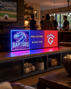 FieldFire Standard three-panel LED matrix scoreboard in a home baseball watch-party room.