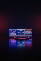 FieldFire Standard three-panel LED scoreboard on a lit studio turntable showing a final score.
