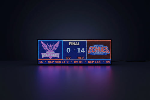 FieldFire Standard three-panel LED scoreboard in a dark studio showing a final score with team identity graphics.