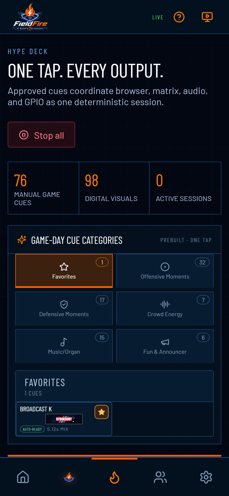 Current FieldFire Hype Deck with approved game-day cue categories and stop control